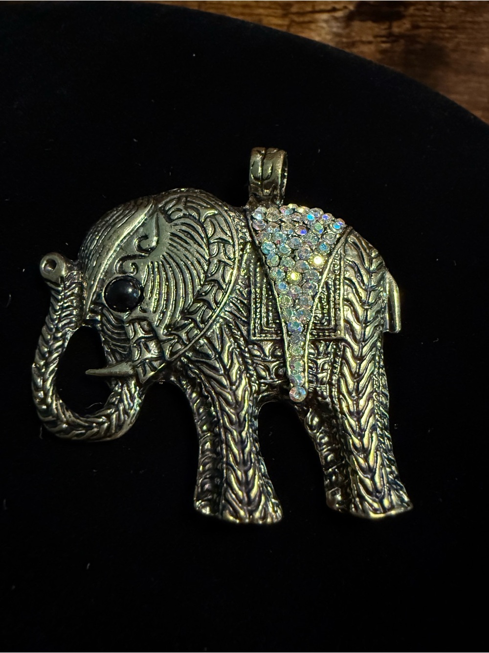 Ornate Elephant Pendant Necklace in Antique Gold with Crystal Saddle